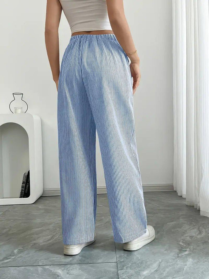 Charlotte | Linen Striped Wide Leg Pants Drawstring Waist Pockets