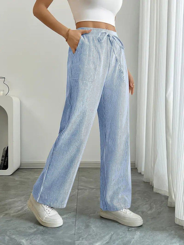 Charlotte | Linen Striped Wide Leg Pants Drawstring Waist Pockets