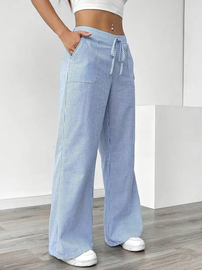 Charlotte | Linen Striped Wide Leg Pants Drawstring Waist Pockets