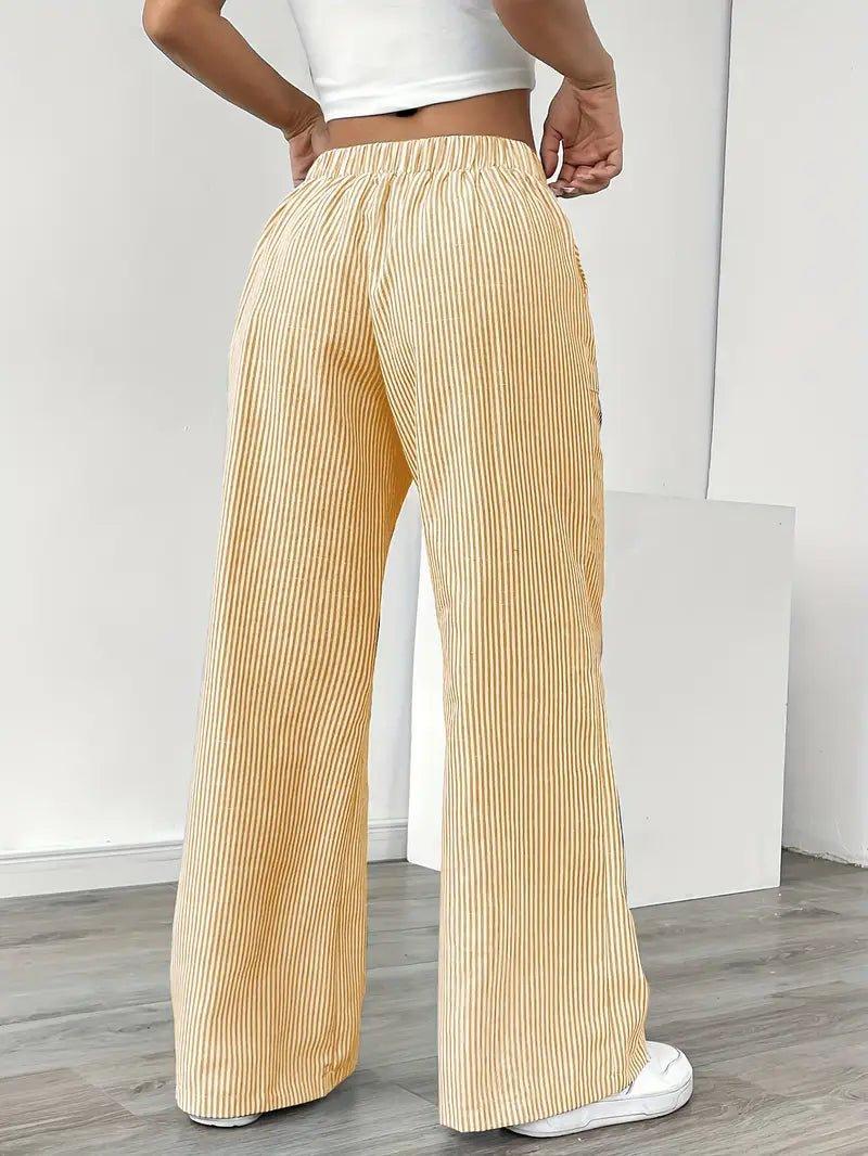 Charlotte | Linen Striped Wide Leg Pants Drawstring Waist Pockets
