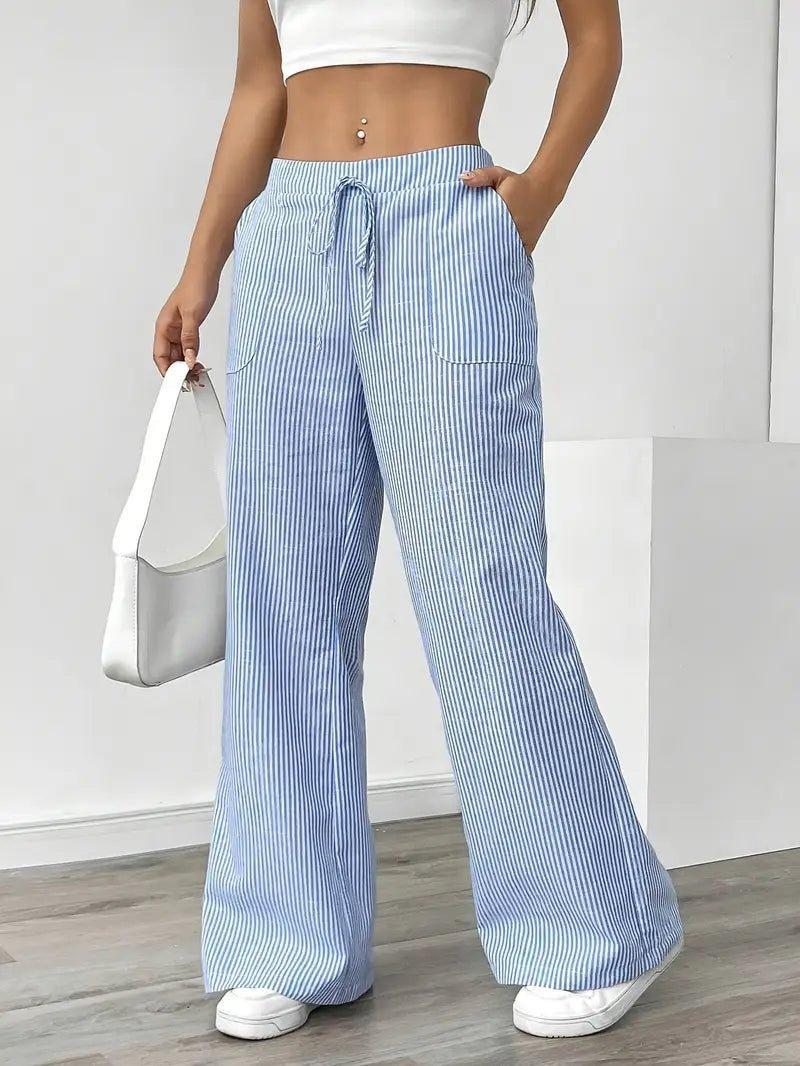 Charlotte | Linen Striped Wide Leg Pants Drawstring Waist Pockets