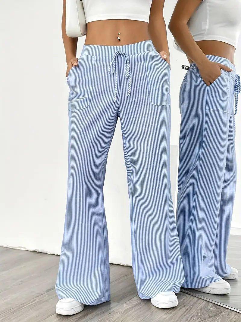 Charlotte | Linen Striped Wide Leg Pants Drawstring Waist Pockets