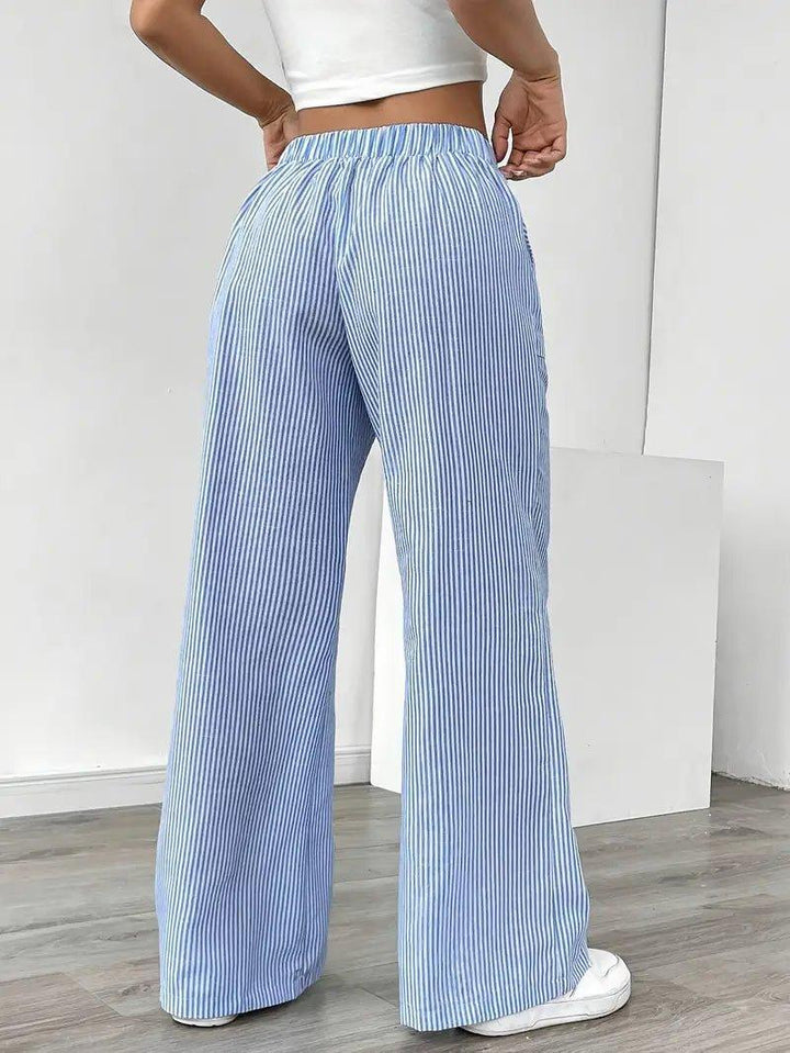 Charlotte | Linen Striped Wide Leg Pants Drawstring Waist Pockets