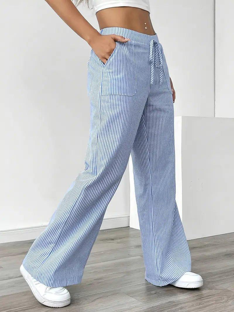 Charlotte | Linen Striped Wide Leg Pants Drawstring Waist Pockets