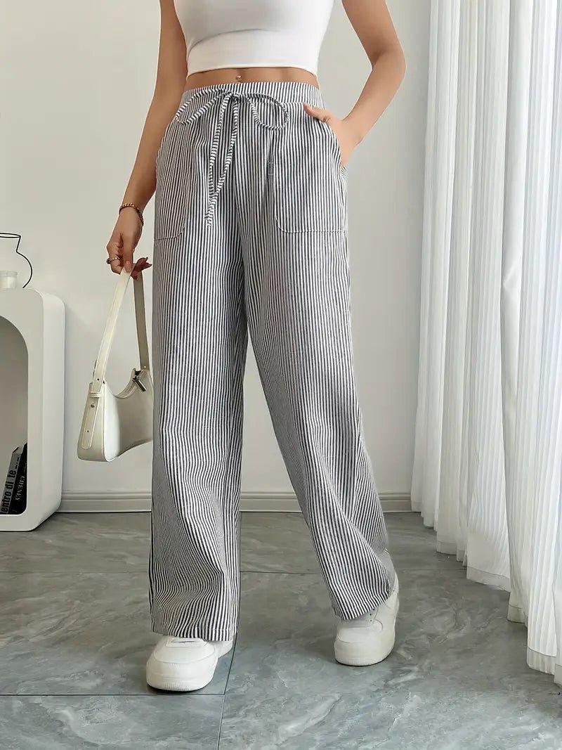 Charlotte | Linen Striped Wide Leg Pants Drawstring Waist Pockets
