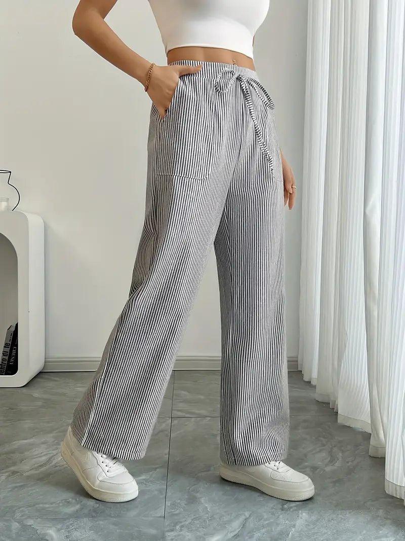 Charlotte | Linen Striped Wide Leg Pants Drawstring Waist Pockets