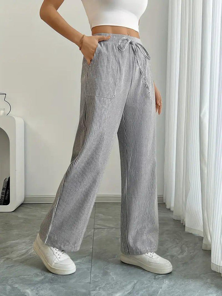 Charlotte | Linen Striped Wide Leg Pants Drawstring Waist Pockets