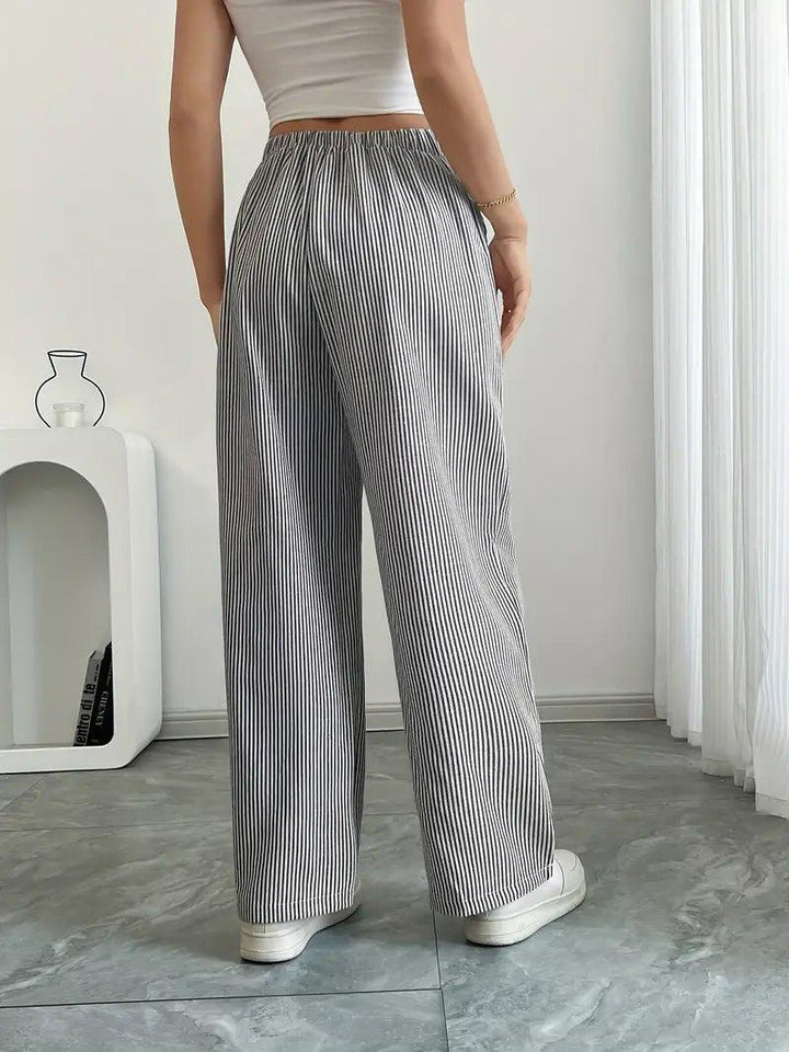 Charlotte | Linen Striped Wide Leg Pants Drawstring Waist Pockets