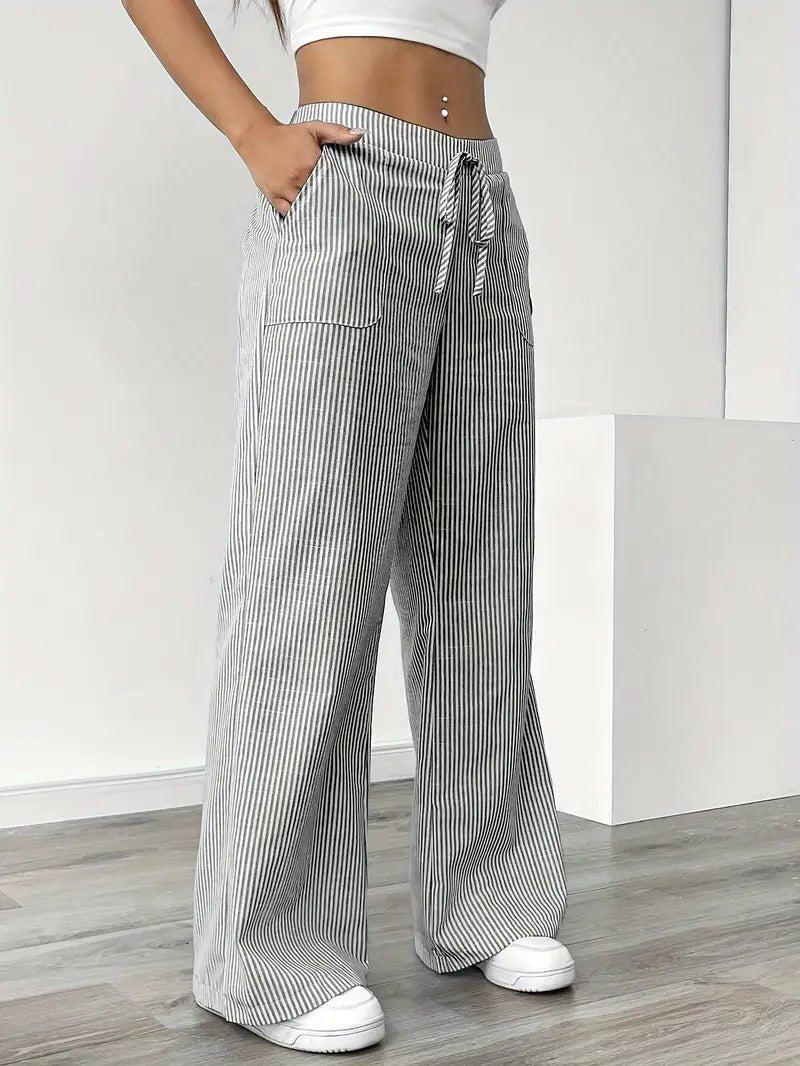 Charlotte | Linen Striped Wide Leg Pants Drawstring Waist Pockets