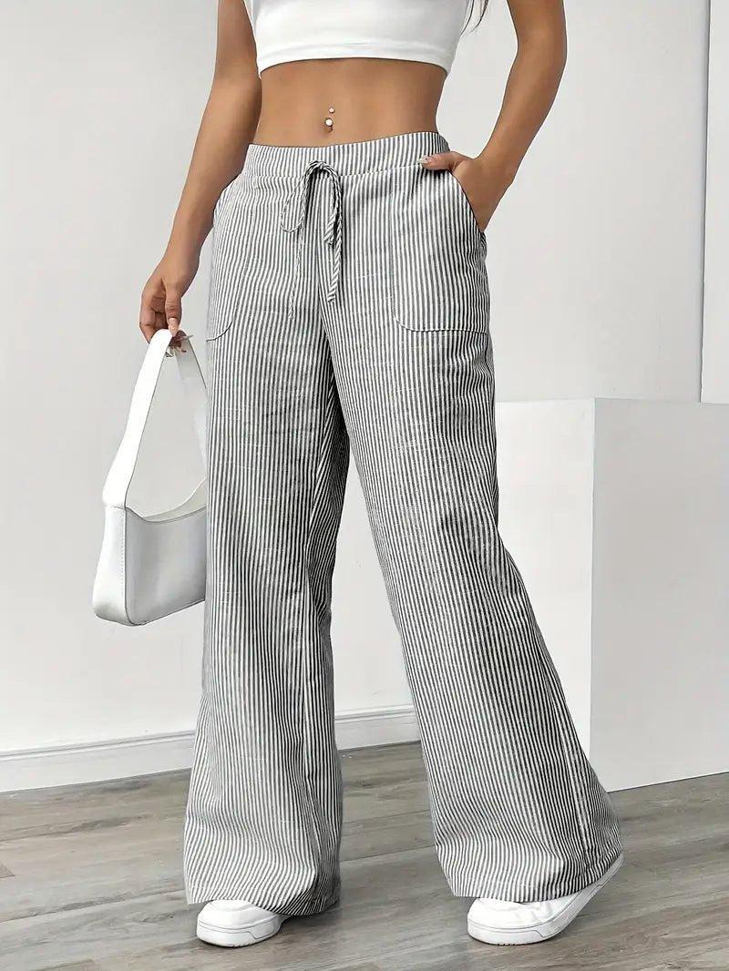 Charlotte | Linen Striped Wide Leg Pants Drawstring Waist Pockets