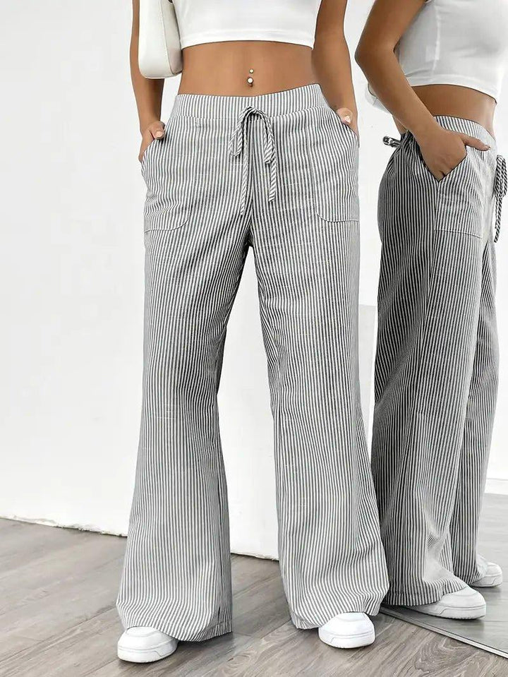 Charlotte | Linen Striped Wide Leg Pants Drawstring Waist Pockets