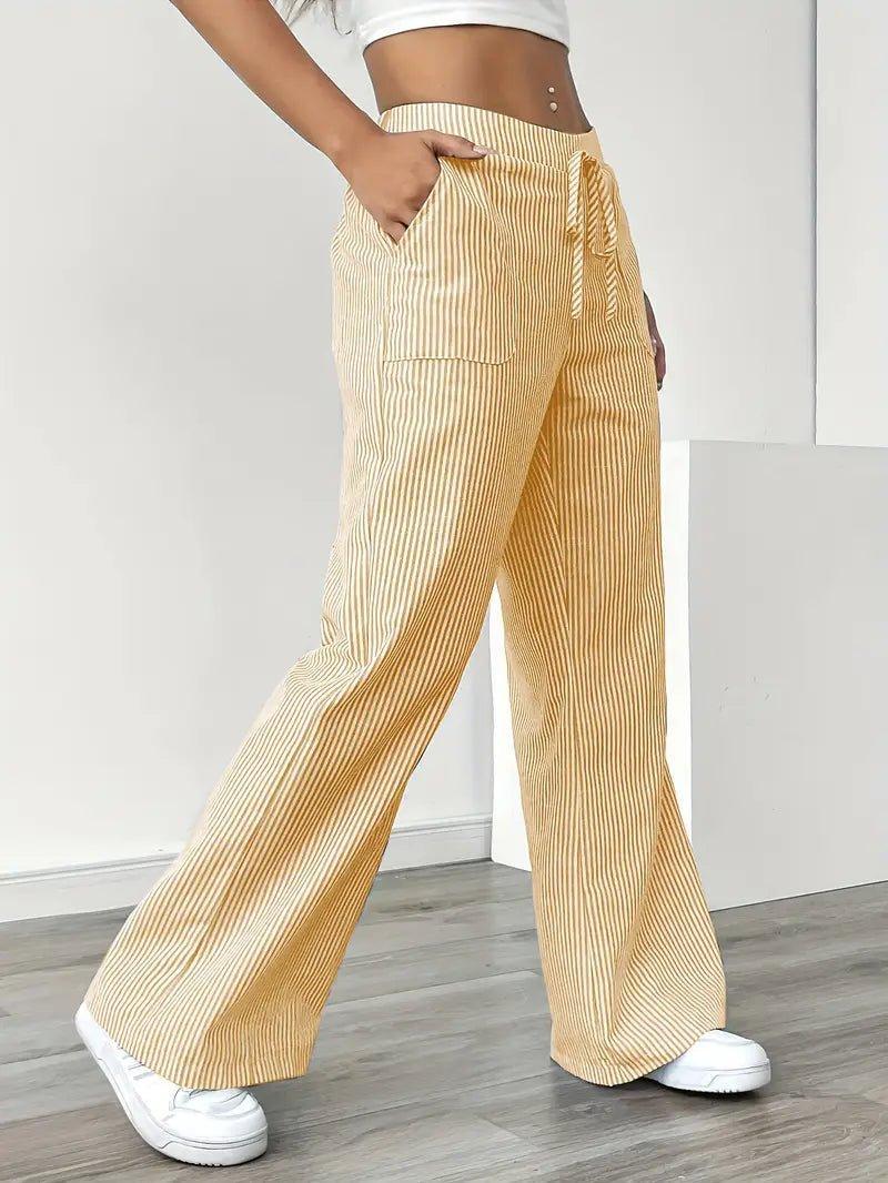 Charlotte | Linen Striped Wide Leg Pants Drawstring Waist Pockets