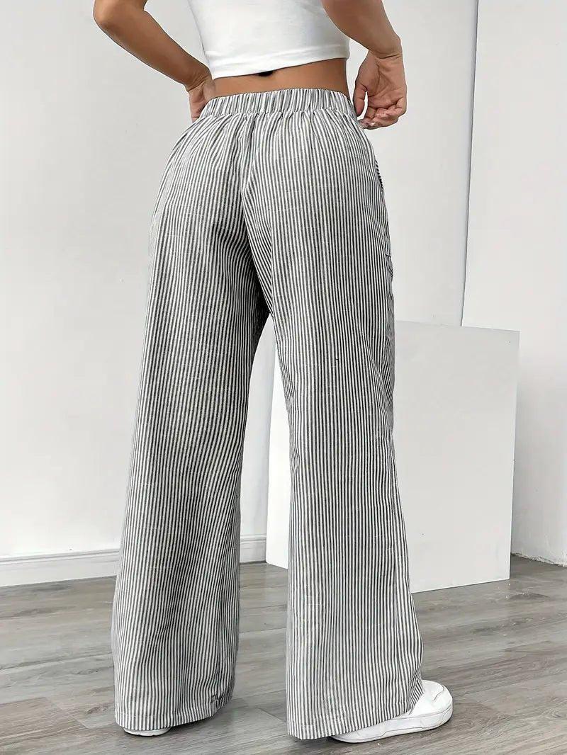 Charlotte | Linen Striped Wide Leg Pants Drawstring Waist Pockets
