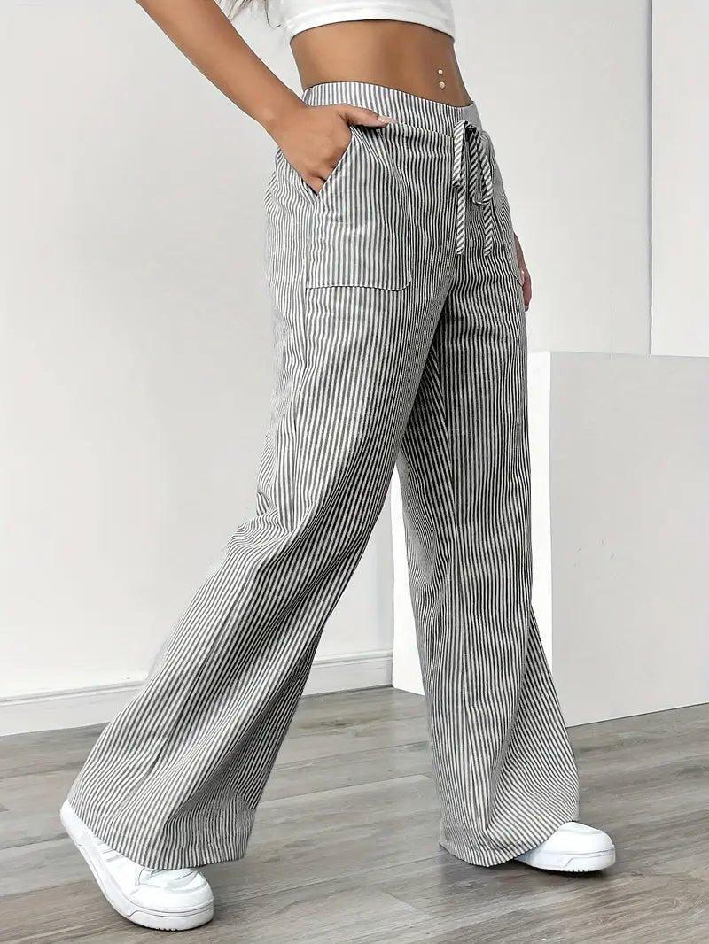 Charlotte | Linen Striped Wide Leg Pants Drawstring Waist Pockets