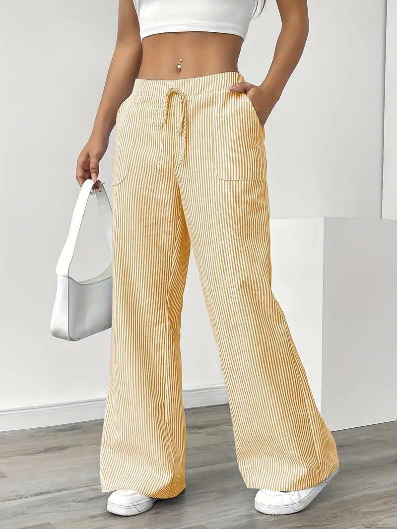 Charlotte | Linen Striped Wide Leg Pants Drawstring Waist Pockets