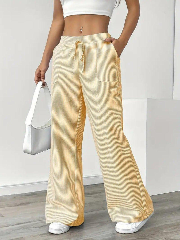 Charlotte | Linen Striped Wide Leg Pants Drawstring Waist Pockets