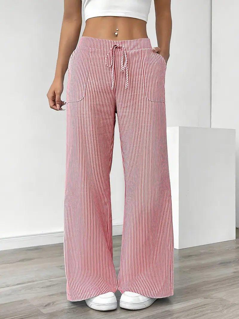 Charlotte | Linen Striped Wide Leg Pants Drawstring Waist Pockets