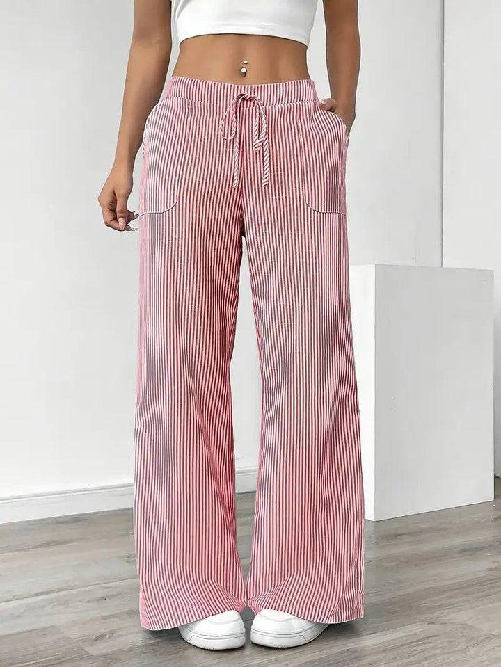 Charlotte | Linen Striped Wide Leg Pants Drawstring Waist Pockets