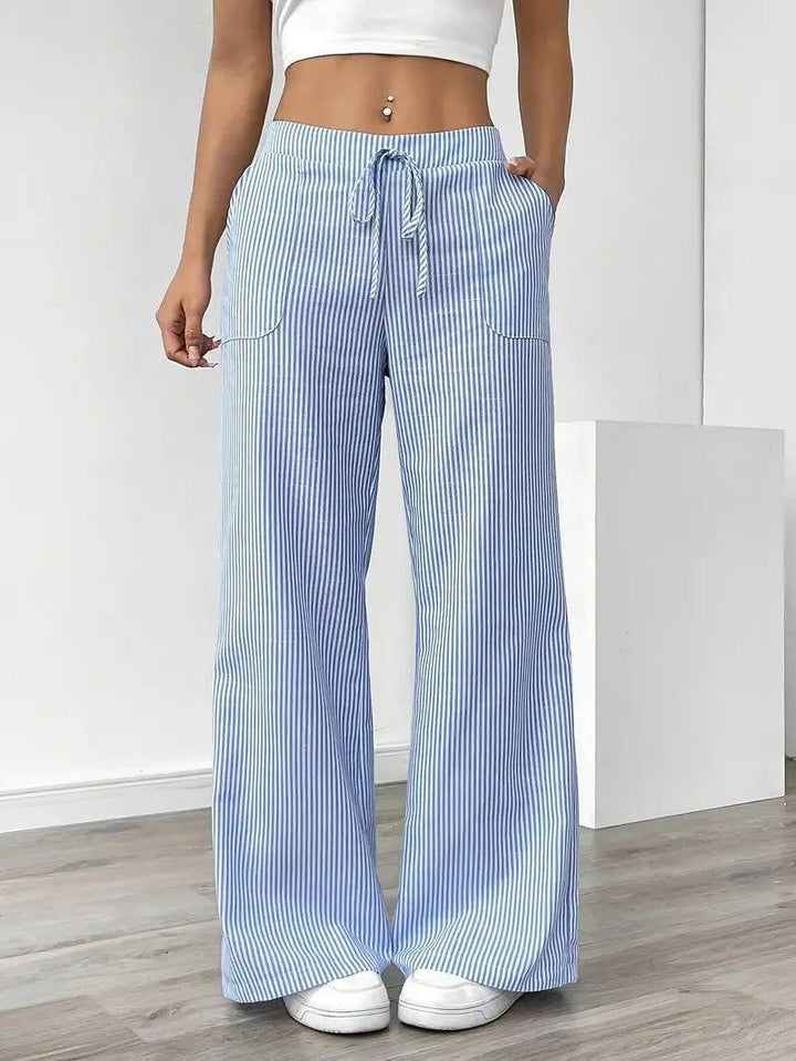 Charlotte | Linen Striped Wide Leg Pants Drawstring Waist Pockets