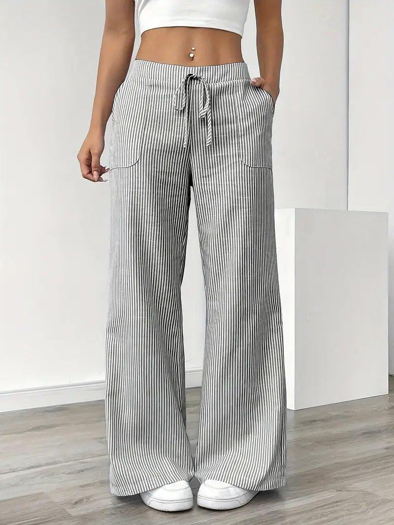 Charlotte | Linen Striped Wide Leg Pants Drawstring Waist Pockets
