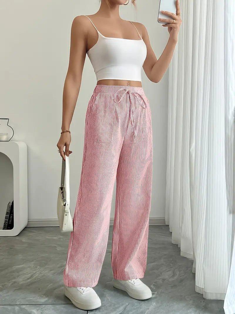 Charlotte | Linen Striped Wide Leg Pants Drawstring Waist Pockets