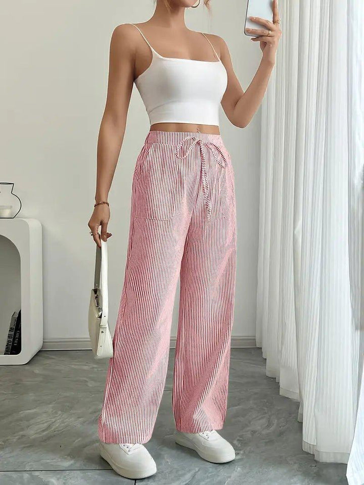 Charlotte | Linen Striped Wide Leg Pants Drawstring Waist Pockets