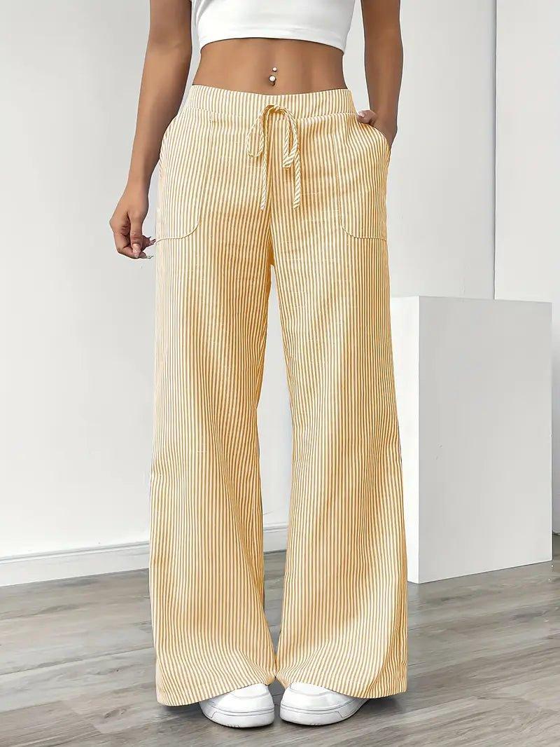 Charlotte | Linen Striped Wide Leg Pants Drawstring Waist Pockets