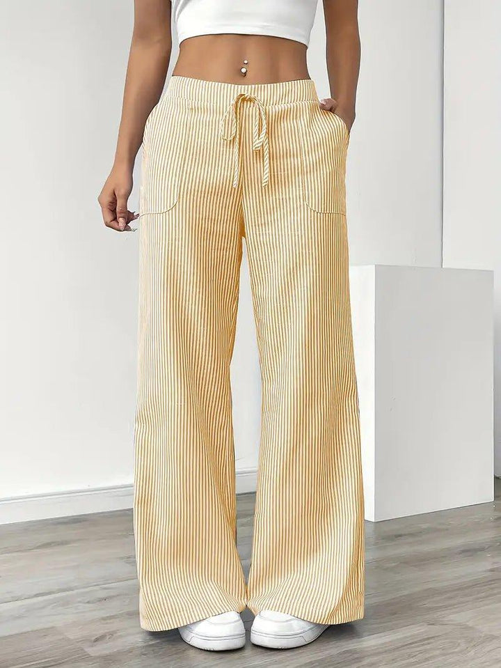 Charlotte | Linen Striped Wide Leg Pants Drawstring Waist Pockets