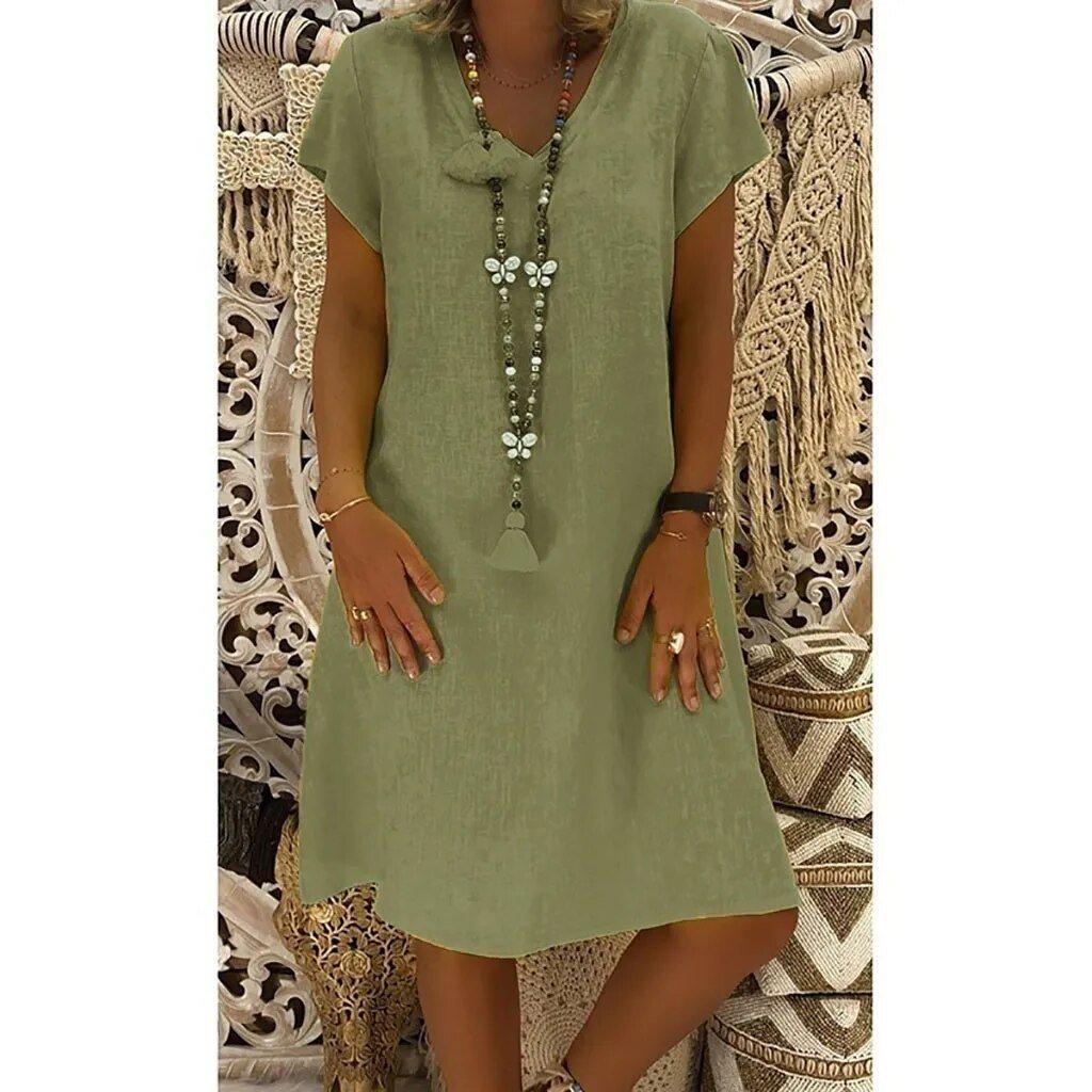 Charlotte | Linen V-Neck A-Line Mini Dress Short Sleeve Summer Casual