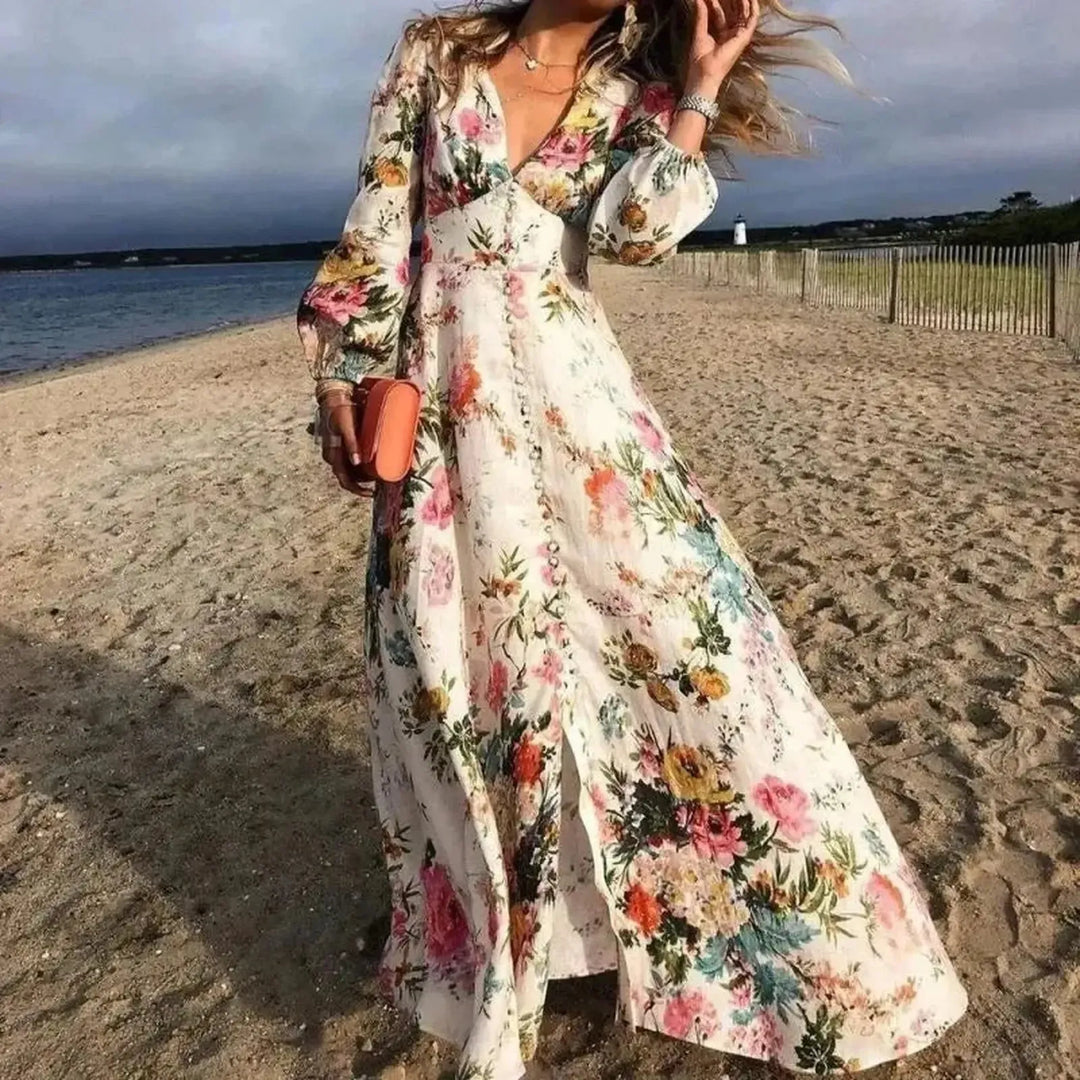 Charlotte | Women’s Boho Floral Long Sleeve Beach Maxi Dress