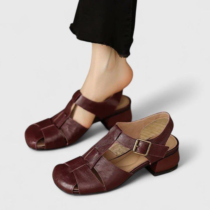 Charlotte | Women's Leather Sandals Square Toe Block Heel Elegant