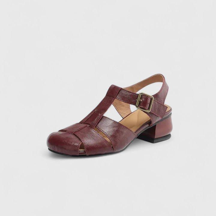 Charlotte | Women's Leather Sandals Square Toe Block Heel Elegant
