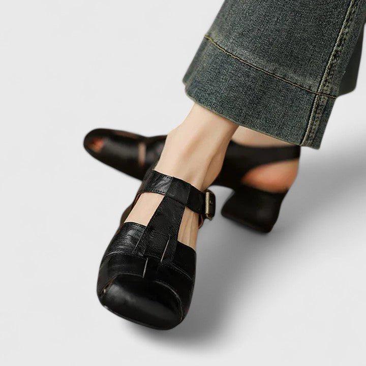 Charlotte | Women's Leather Sandals Square Toe Block Heel Elegant