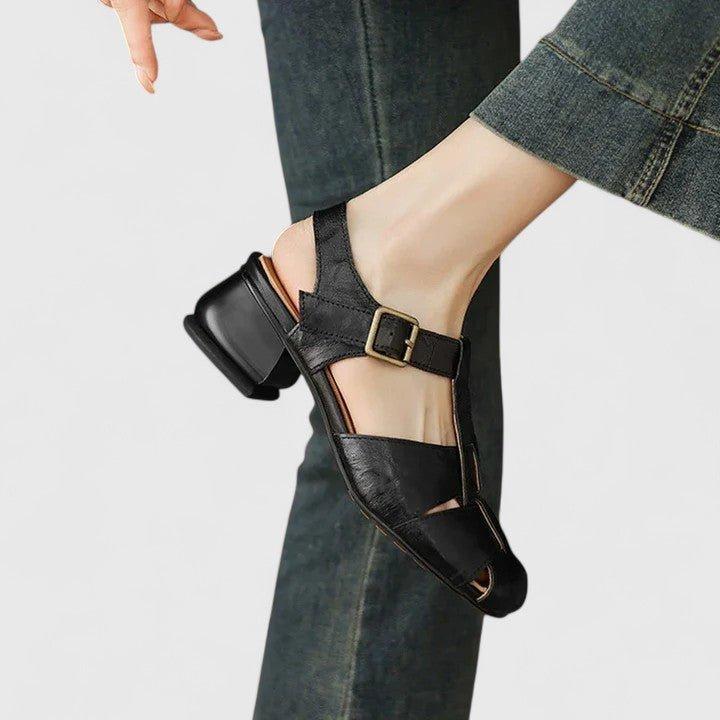 Charlotte | Women's Leather Sandals Square Toe Block Heel Elegant