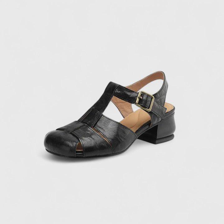Charlotte | Women's Leather Sandals Square Toe Block Heel Elegant