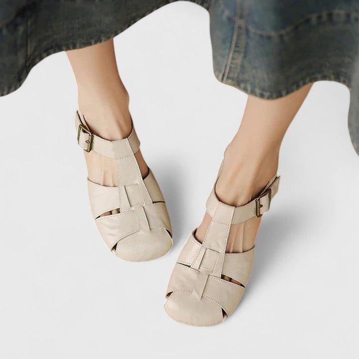 Charlotte | Women's Leather Sandals Square Toe Block Heel Elegant