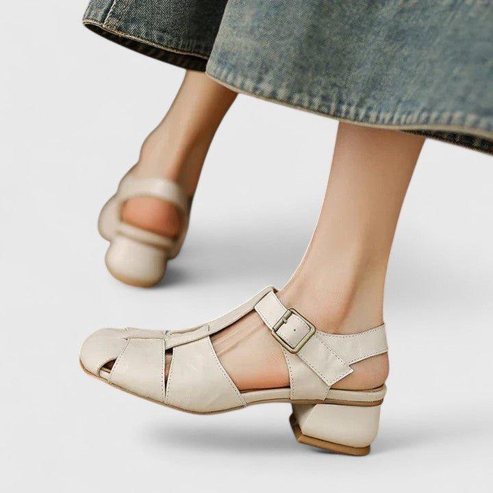 Charlotte | Women's Leather Sandals Square Toe Block Heel Elegant