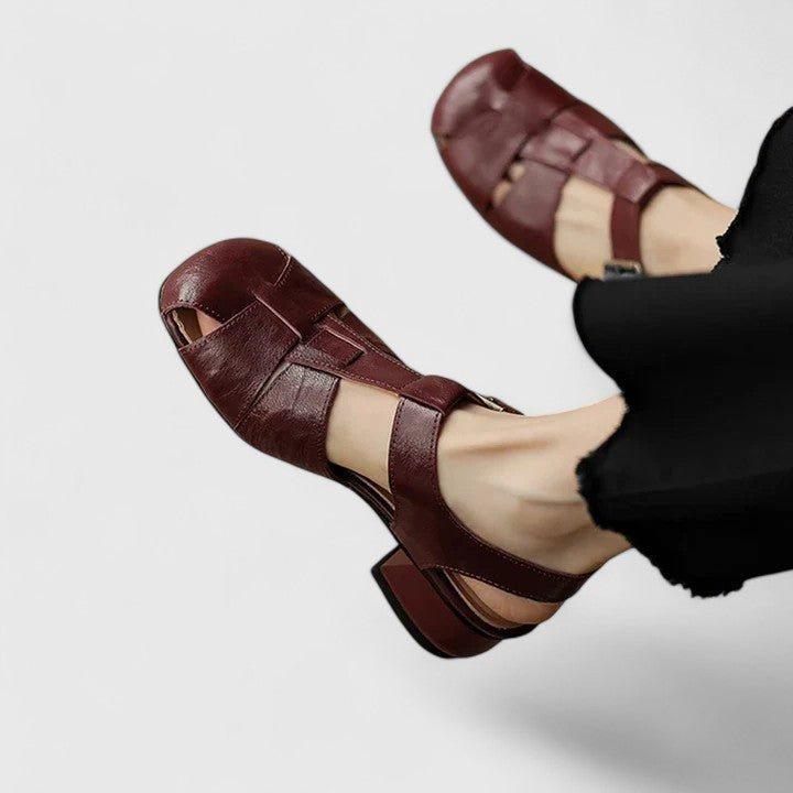 Charlotte | Women's Leather Sandals Square Toe Block Heel Elegant