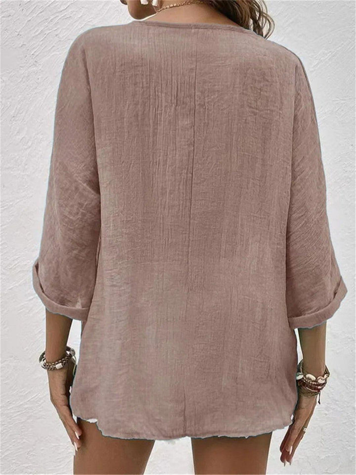 Chloe | Women's Cotton V-Neck Button Front Top Three-Quarter Sleeve