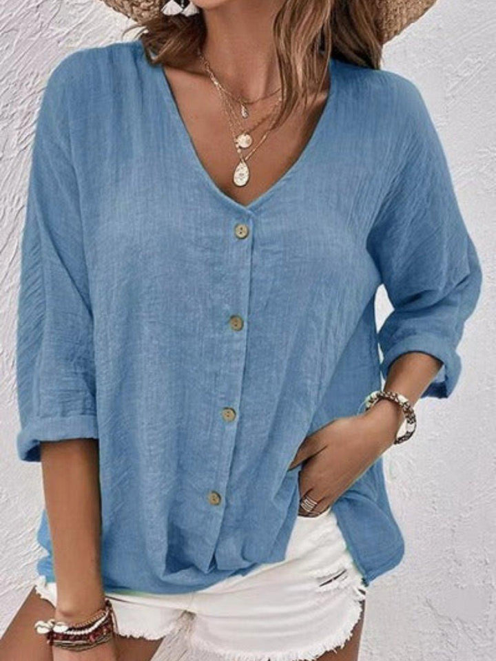 Chloe | Women's Cotton V-Neck Button Front Top Three-Quarter Sleeve