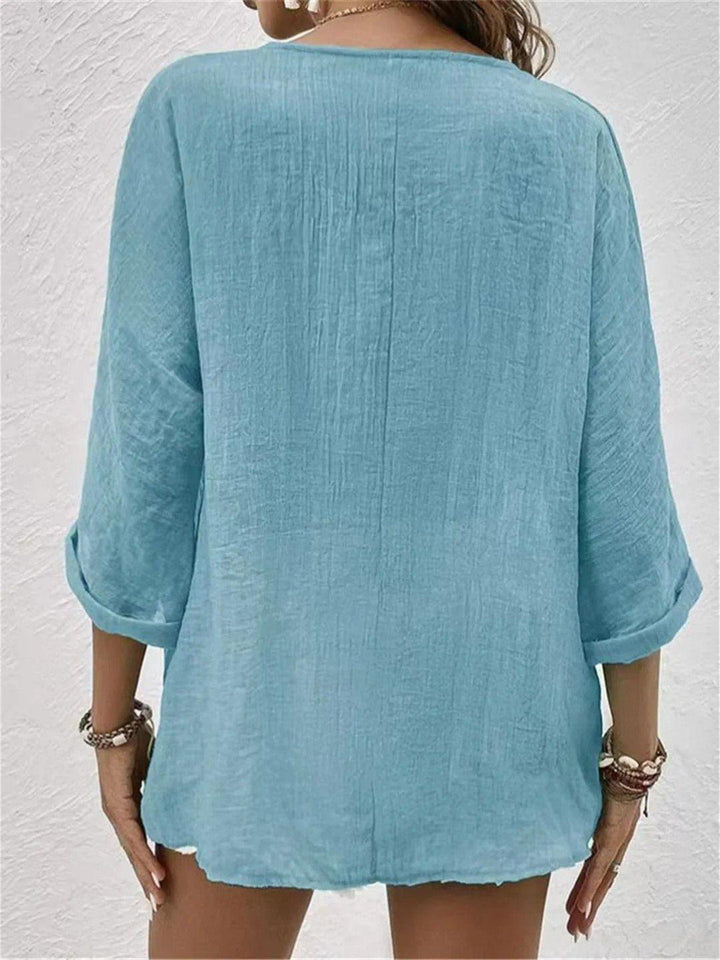 Chloe | Women's Cotton V-Neck Button Front Top Three-Quarter Sleeve