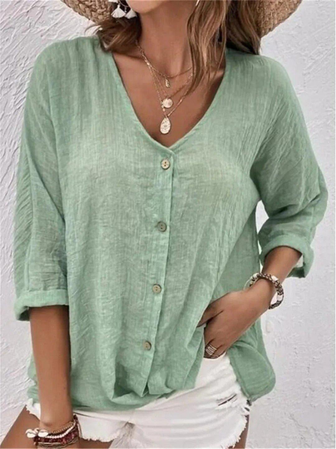 Chloe | Women's Cotton V-Neck Button Front Top Three-Quarter Sleeve