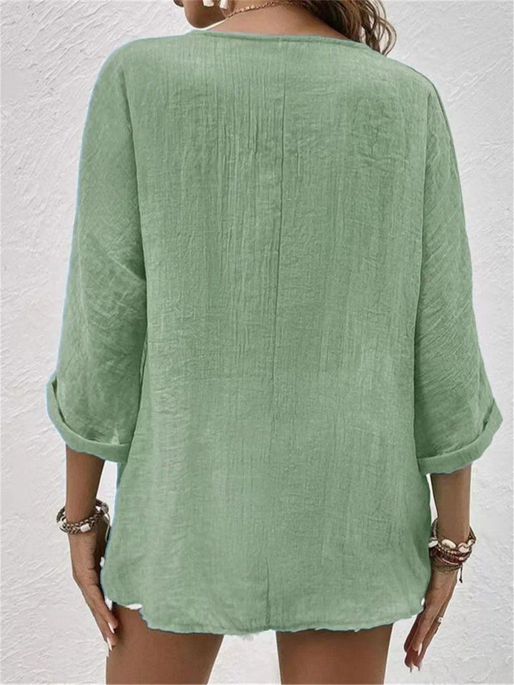 Chloe | Women's Cotton V-Neck Button Front Top Three-Quarter Sleeve