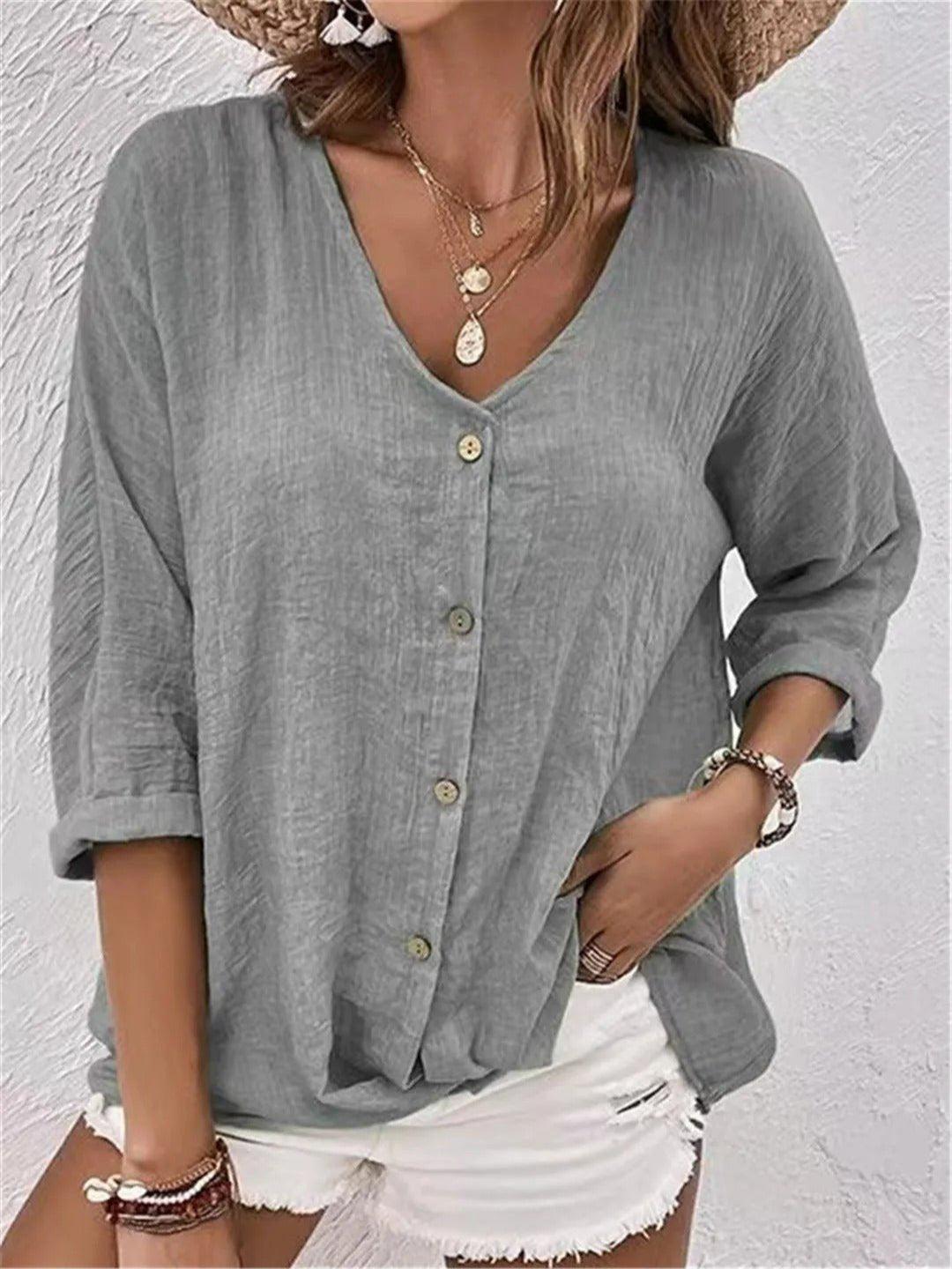 Chloe | Women's Cotton V-Neck Button Front Top Three-Quarter Sleeve