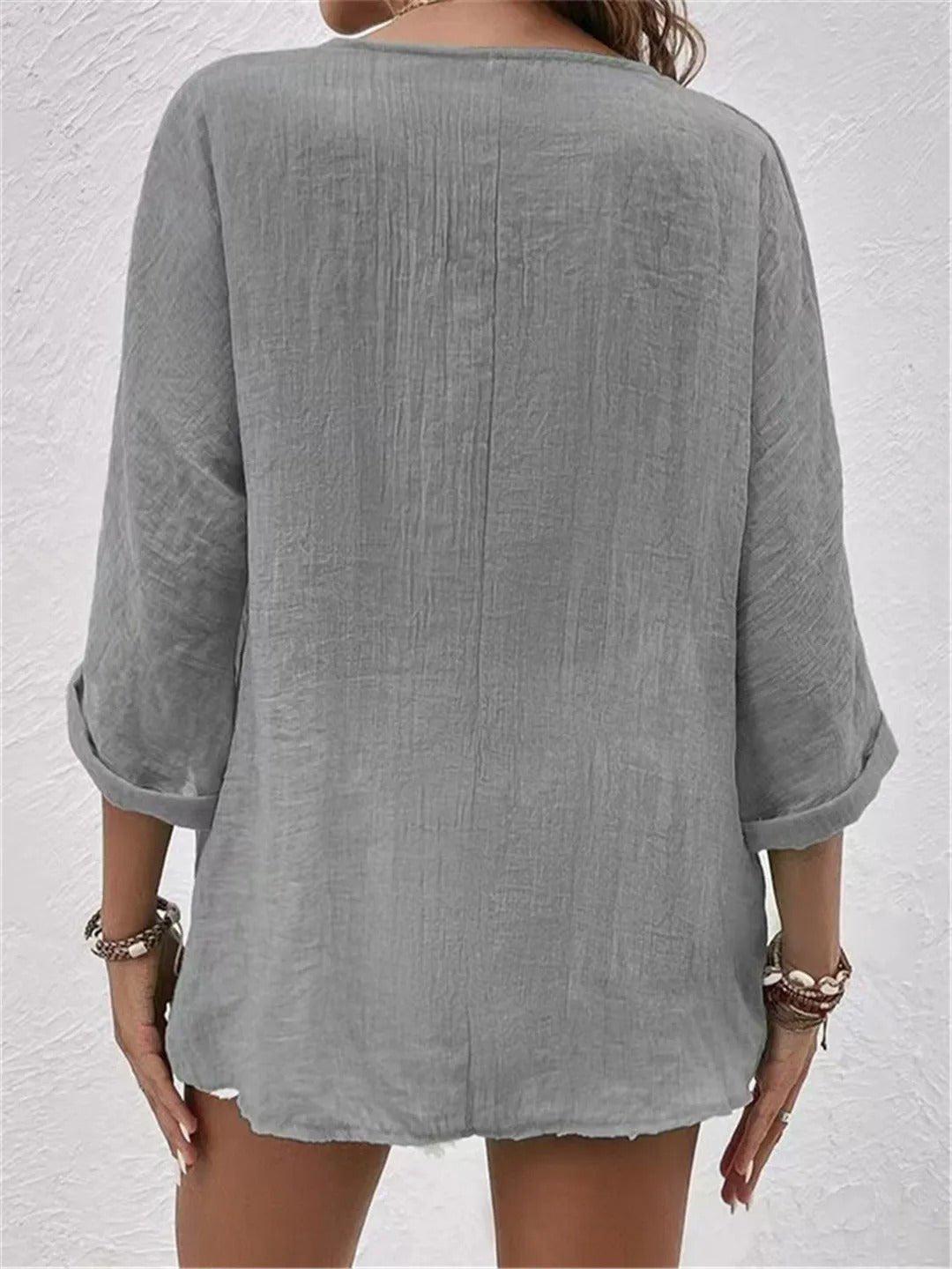 Chloe | Women's Cotton V-Neck Button Front Top Three-Quarter Sleeve