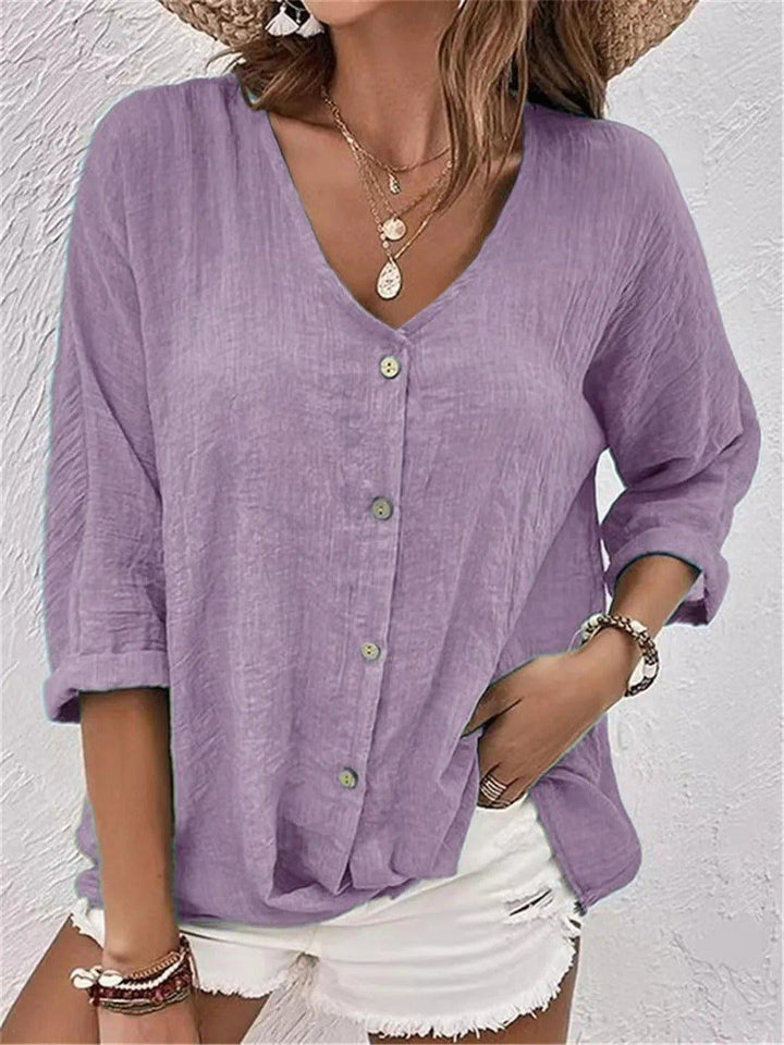 Chloe | Women's Cotton V-Neck Button Front Top Three-Quarter Sleeve