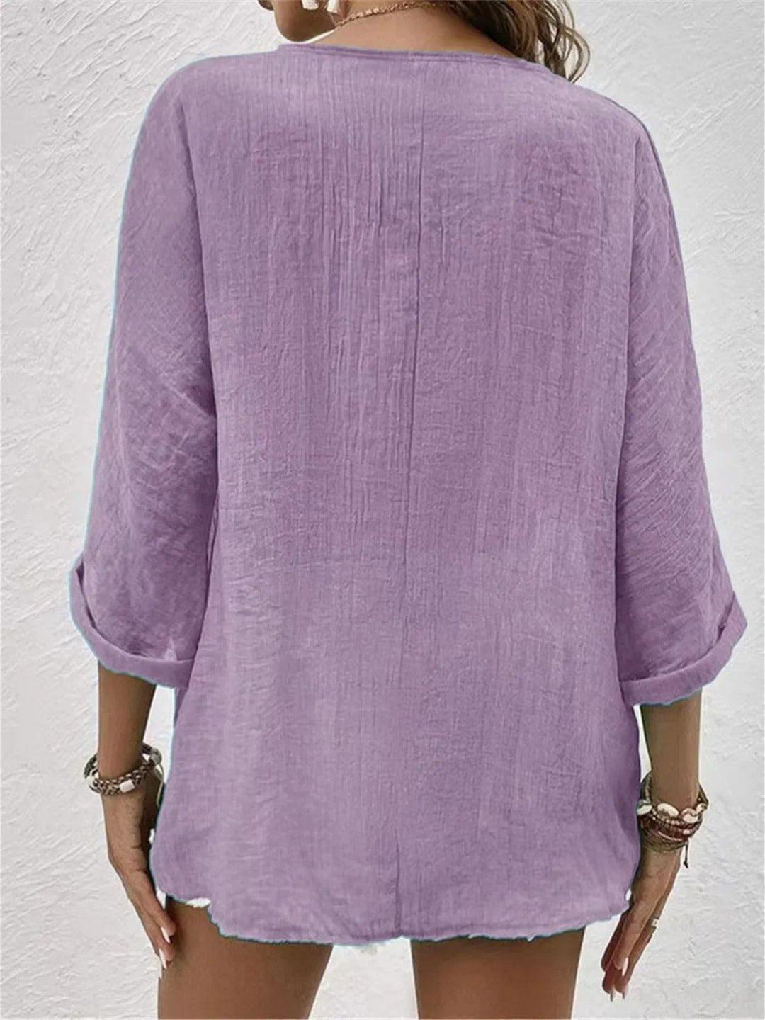 Chloe | Women's Cotton V-Neck Button Front Top Three-Quarter Sleeve