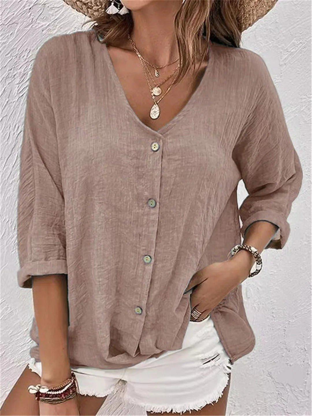 Chloe | Women's Cotton V-Neck Button Front Top Three-Quarter Sleeve
