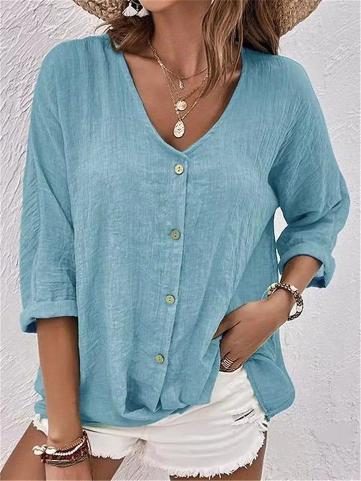 Chloe | Women's Cotton V-Neck Button Front Top Three-Quarter Sleeve