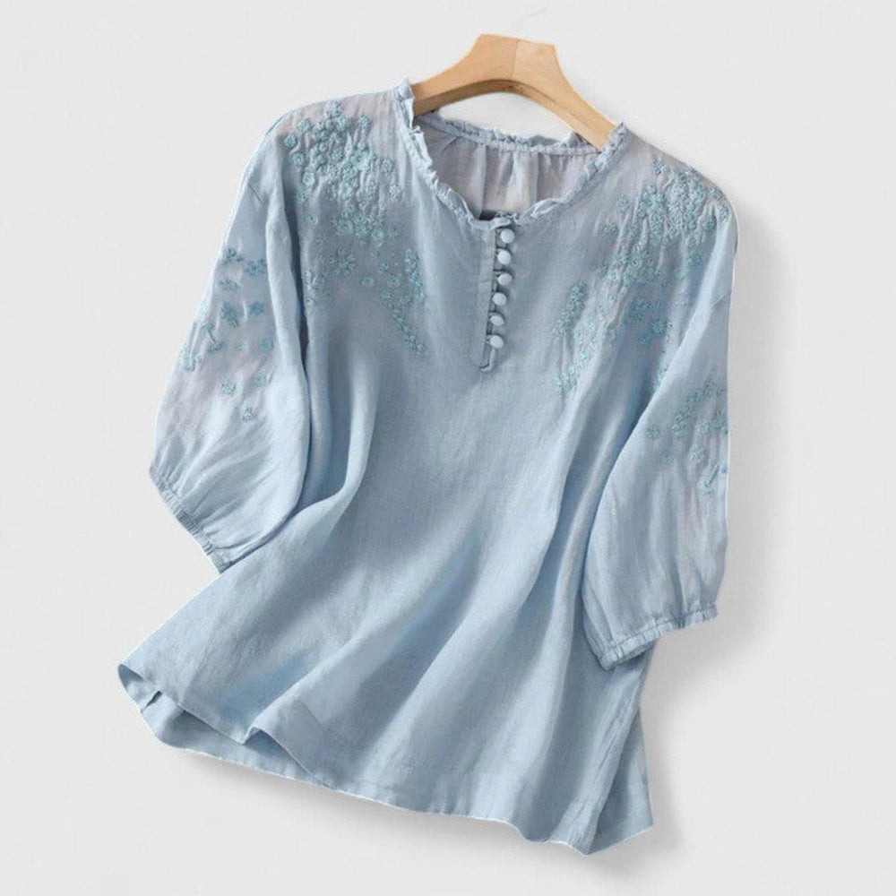 Chloe | Women's Linen Blouse Embroidered Ruffle Collar Pom-Pom